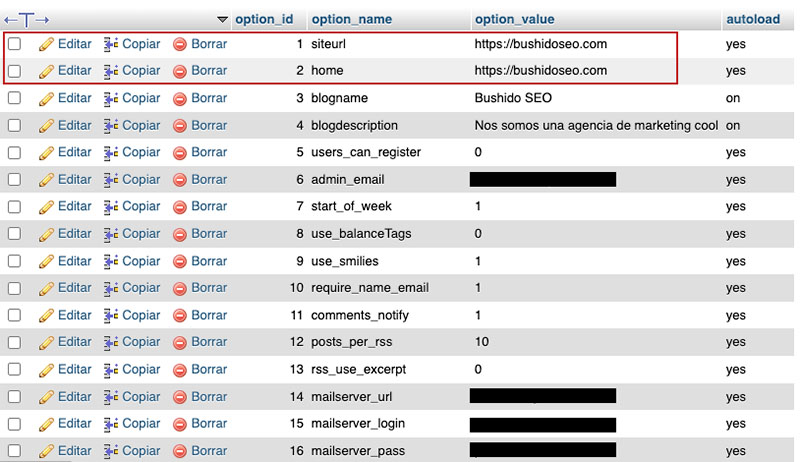 Cambiar URL desde phpMyAdmin