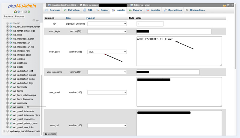 Cambiar clave de WordPress con PhpMyAdmin