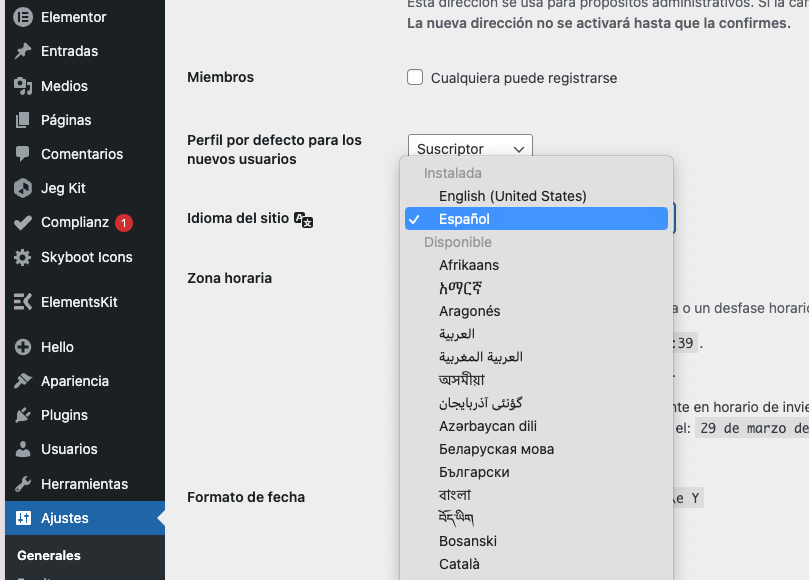 Cambiar el Idioma a WordPress desde la configuración