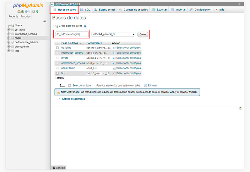 Crear base de datos cpn phpMyAdmin
