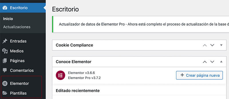 Opciones del menú de Elementor